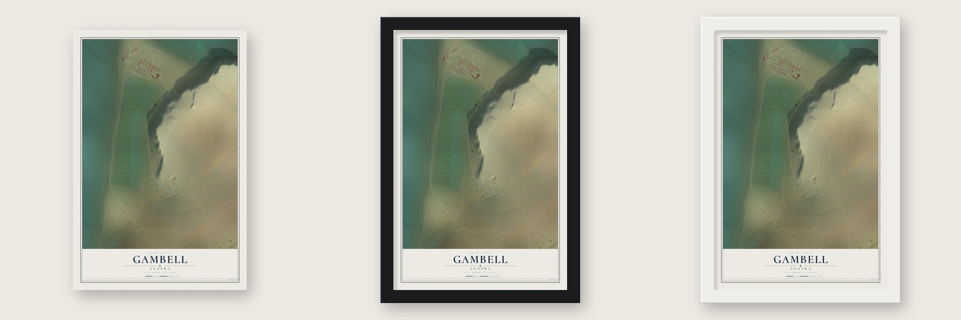Gambell, Alaska map unframed, in a black wood frame and in a white wood frame