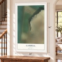 Gambell, Alaska map, 24 x 36 inch print in a white frame by a staircase