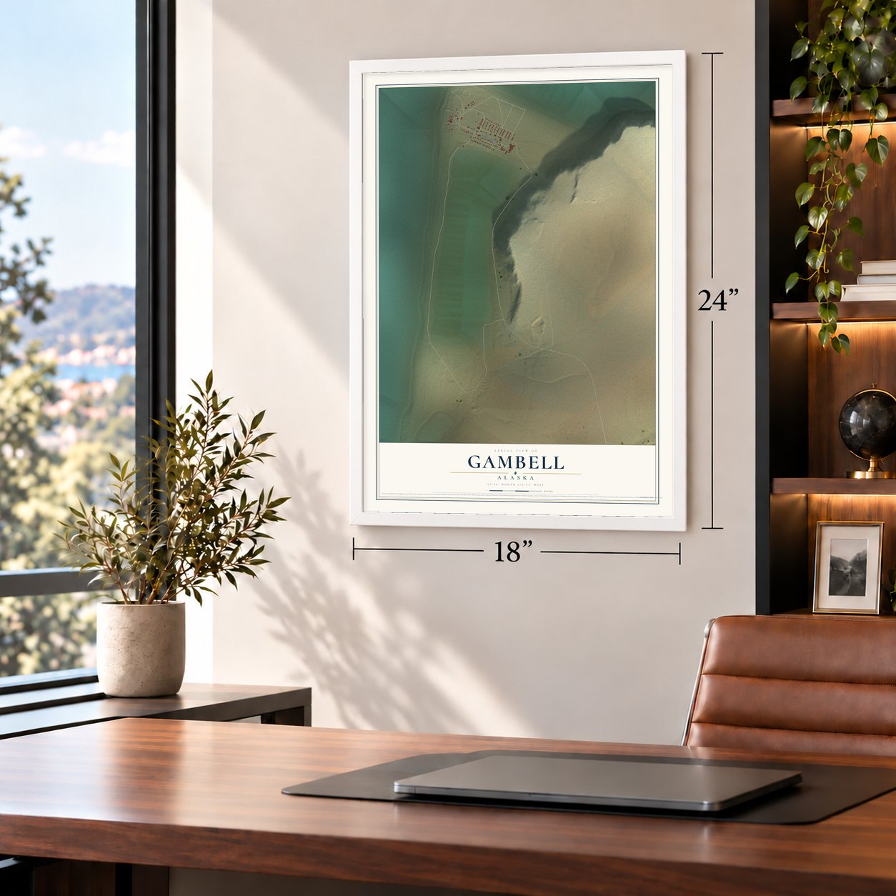 Gambell, Alaska map, 18 x 24 inch print in a white frame in a home office