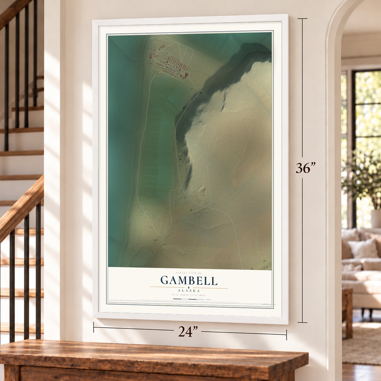 Gambell, Alaska map, 24 x 36 inch print in a white frame by a staircase