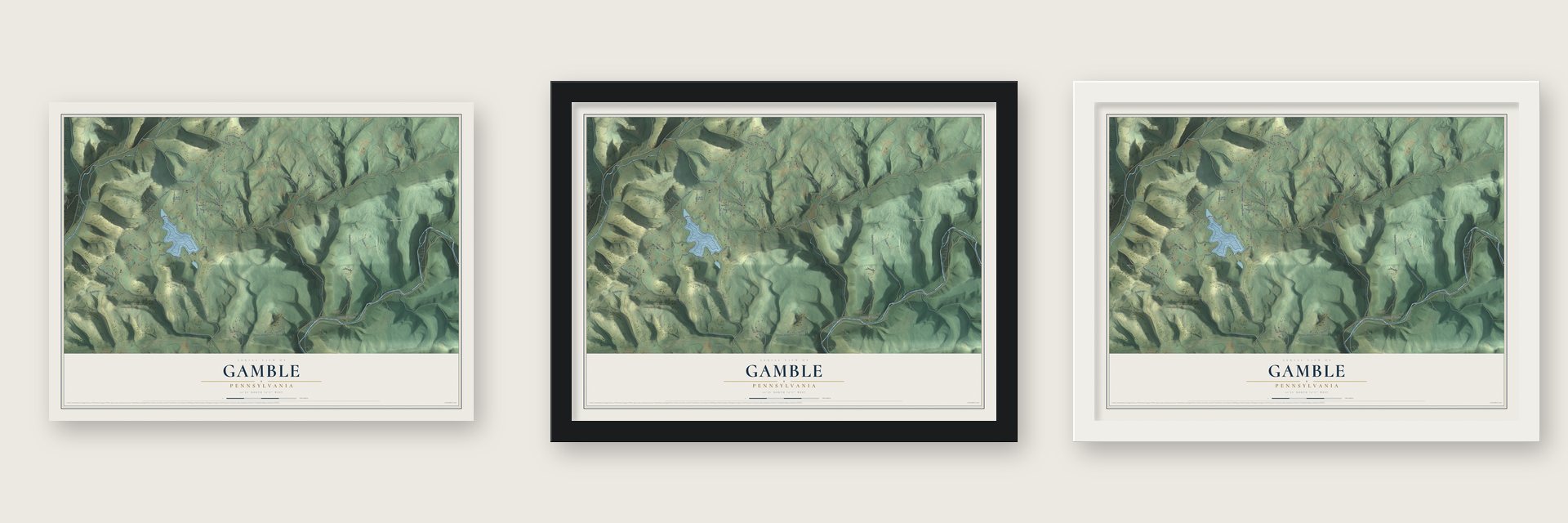 Gamble, Pennsylvania map unframed, in a black wood frame and in a white wood frame