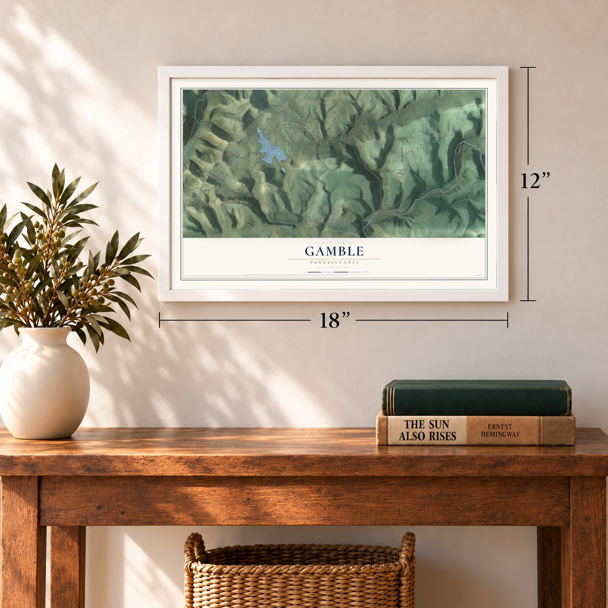 Gamble, Pennsylvania map, 12 x 18 inch print in a white frame in an entryway