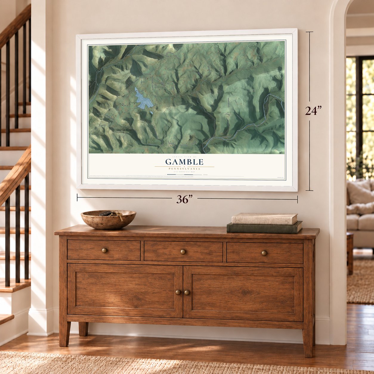 Gamble, Pennsylvania map, 24 x 36 inch print in a white frame above a dresser by a staircase