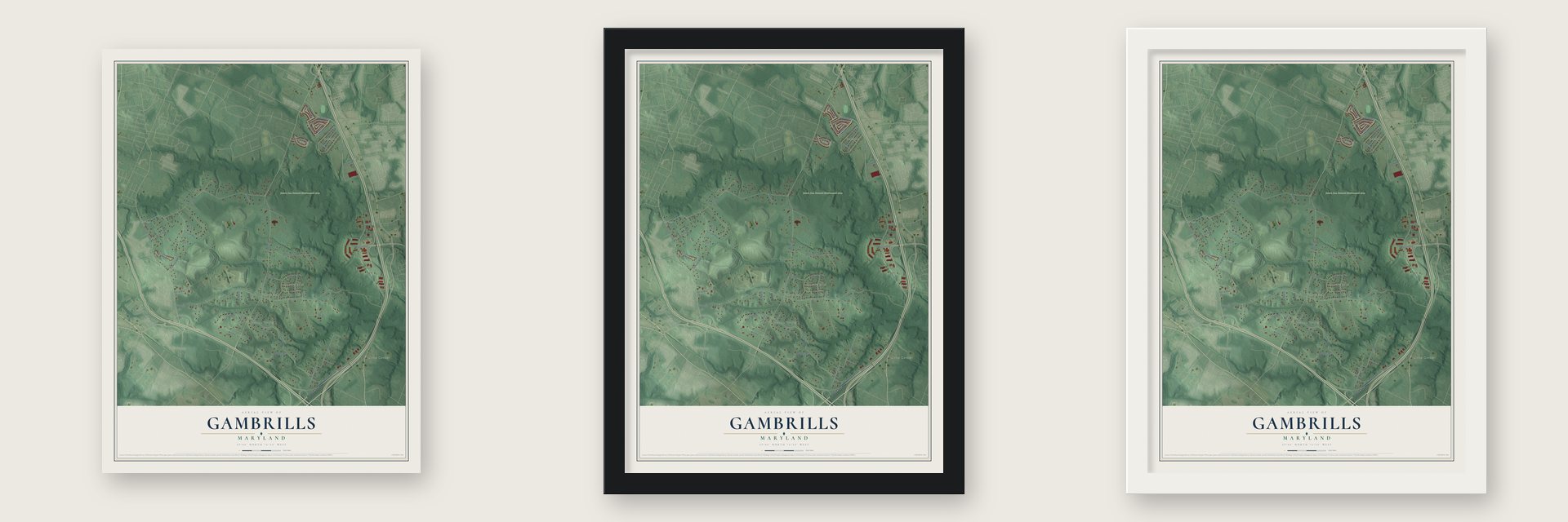 Gambrills, Maryland map unframed, in a black wood frame and in a white wood frame