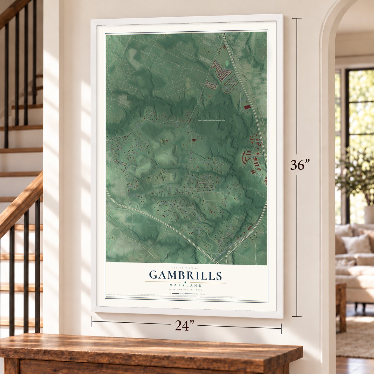 Gambrills, Maryland map, 24 x 36 inch print in a white frame by a staircase