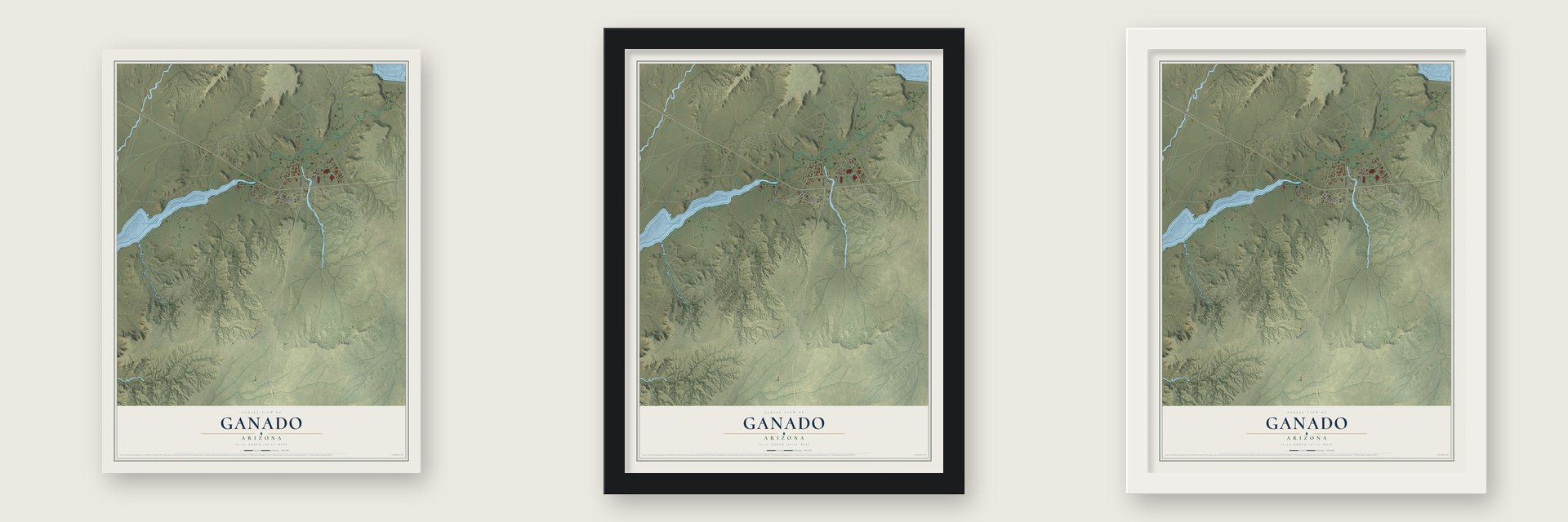 Ganado, Arizona map unframed, in a black wood frame and in a white wood frame