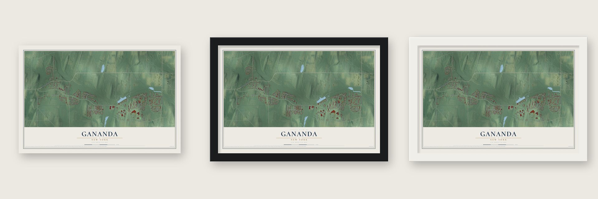 Gananda, New York map unframed, in a black wood frame and in a white wood frame