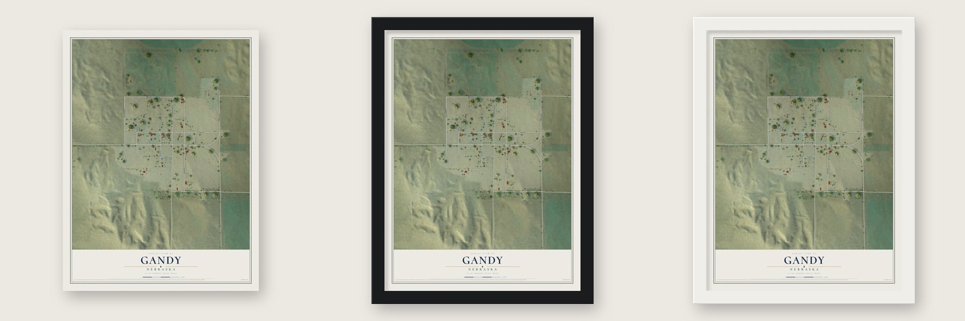 Gandy, Nebraska map unframed, in a black wood frame and in a white wood frame