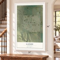 Gandy, Nebraska map, 24 x 36 inch print in a white frame by a staircase