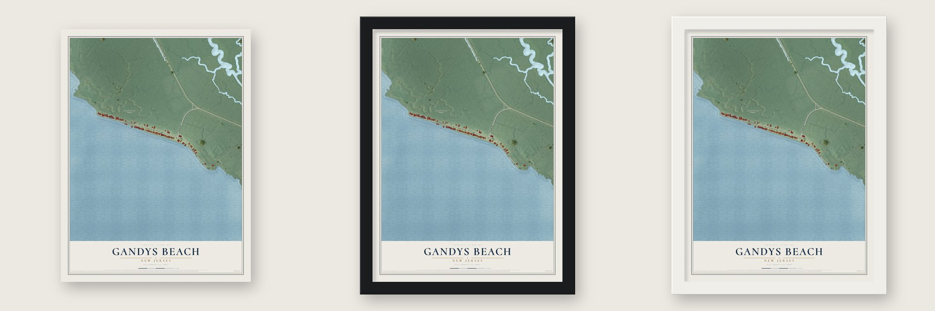Gandys Beach, New Jersey map unframed, in a black wood frame and in a white wood frame