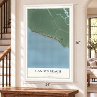 Gandys Beach, New Jersey map, 24 x 36 inch print in a white frame by a staircase