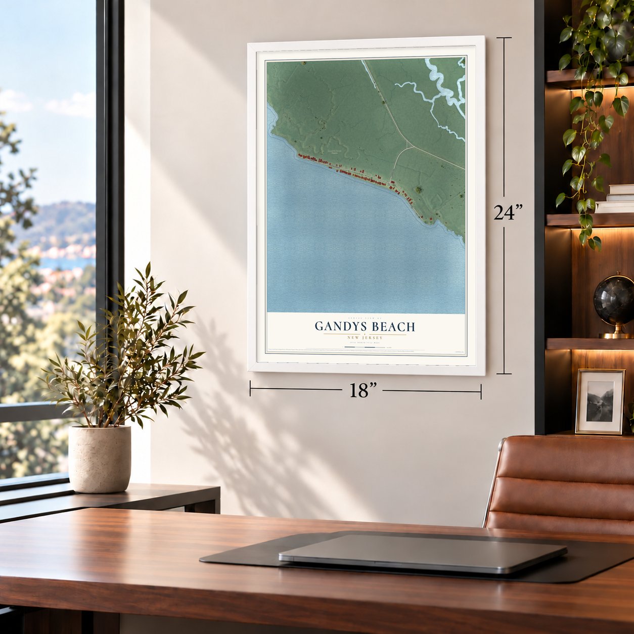 Gandys Beach, New Jersey map, 18 x 24 inch print in a white frame in a home office