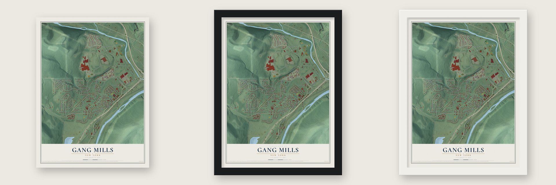 Gang Mills, New York map unframed, in a black wood frame and in a white wood frame