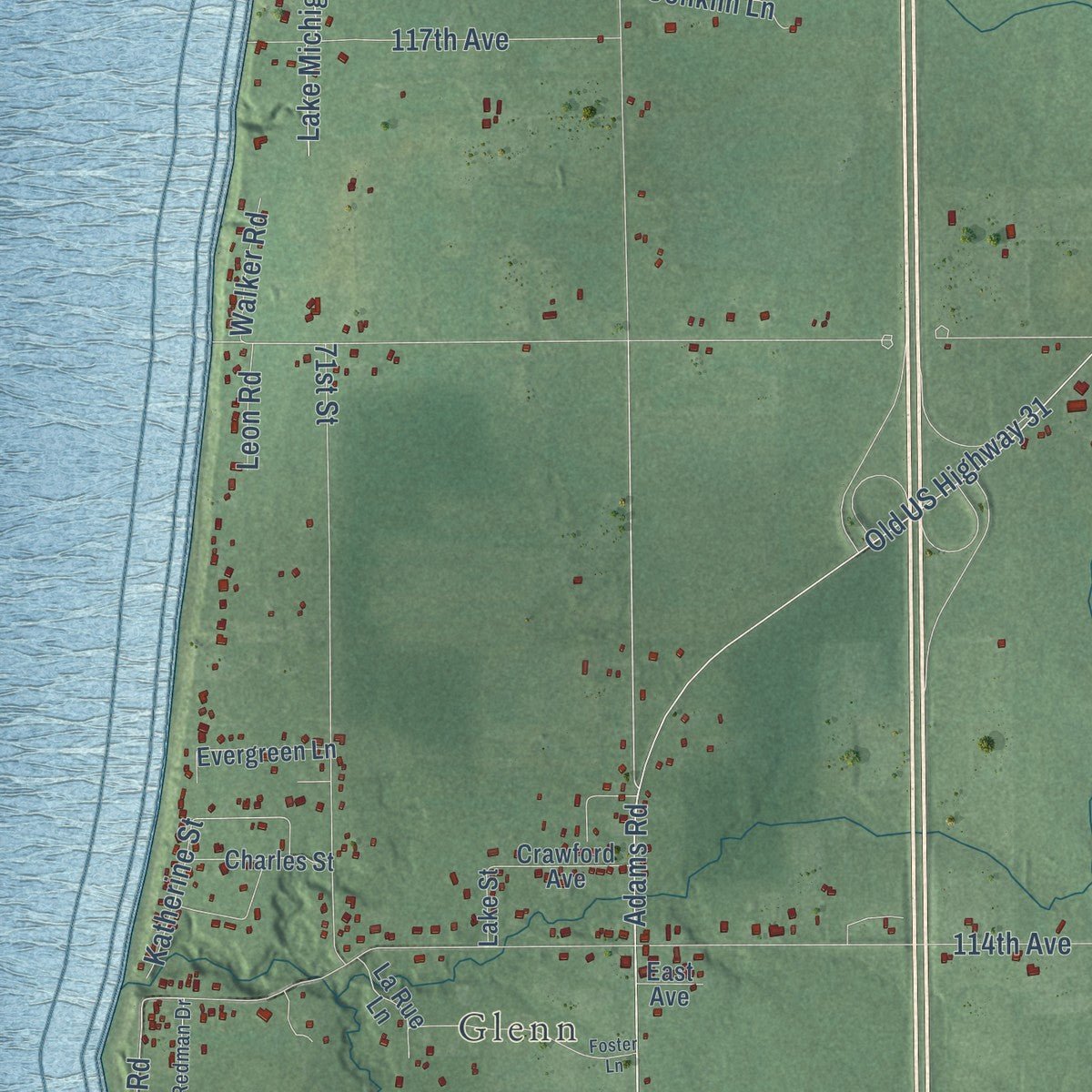 Second close-up of the map of Ganges, Michigan print showing more streets and buildings