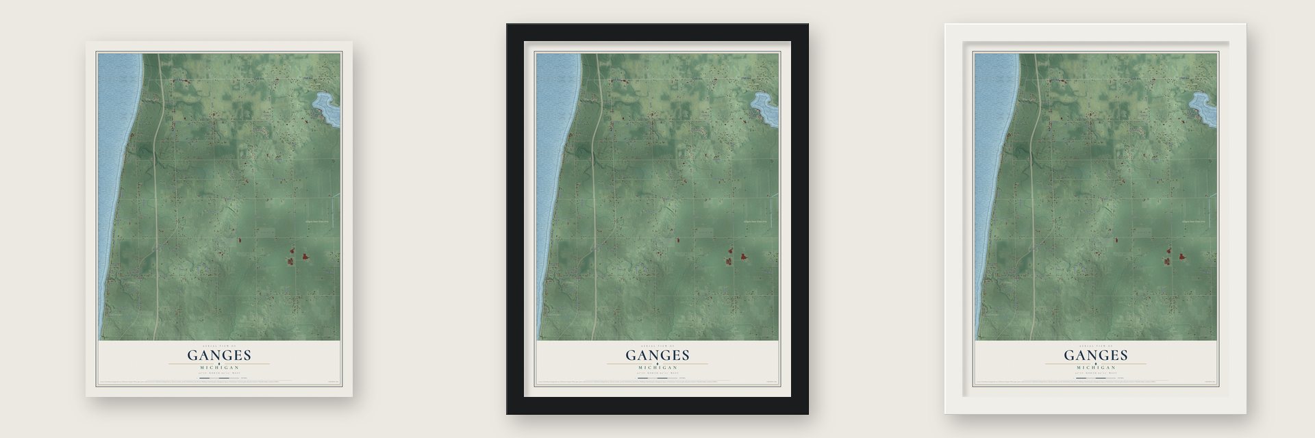 Ganges, Michigan map unframed, in a black wood frame and in a white wood frame