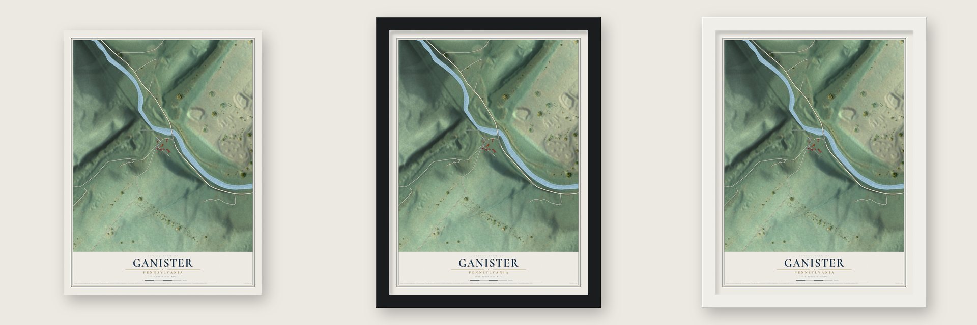 Ganister, Pennsylvania map unframed, in a black wood frame and in a white wood frame