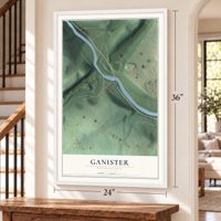 Ganister, Pennsylvania map, 24 x 36 inch print in a white frame by a staircase