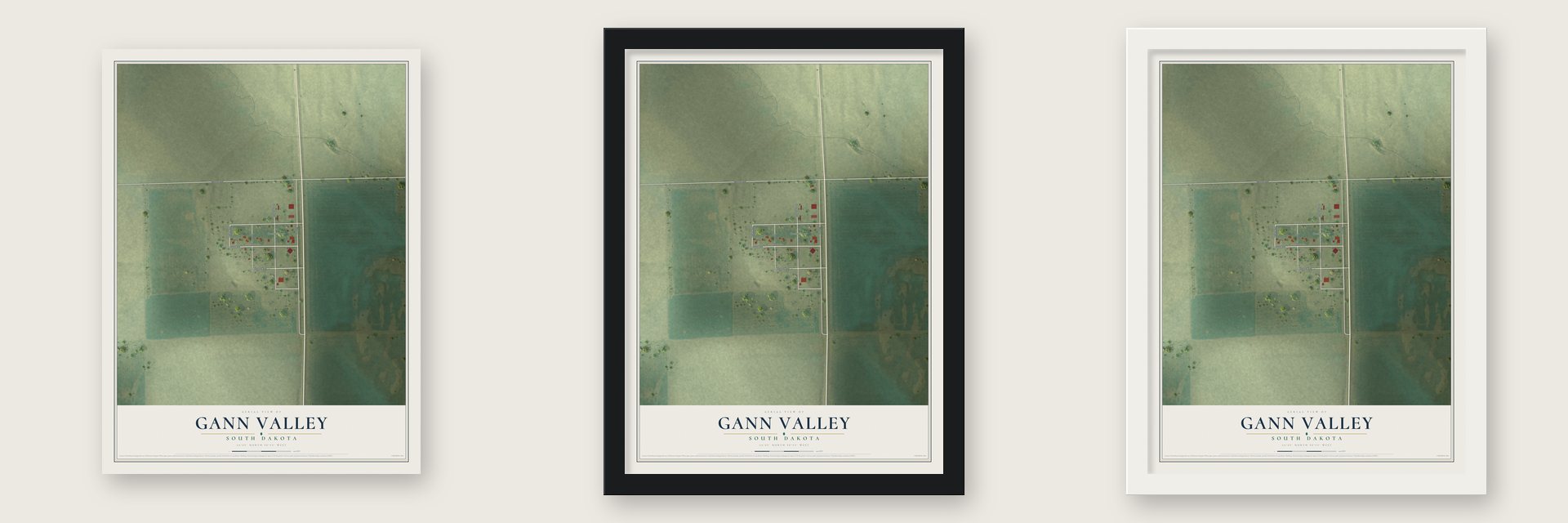 Gann Valley, South Dakota map unframed, in a black wood frame and in a white wood frame