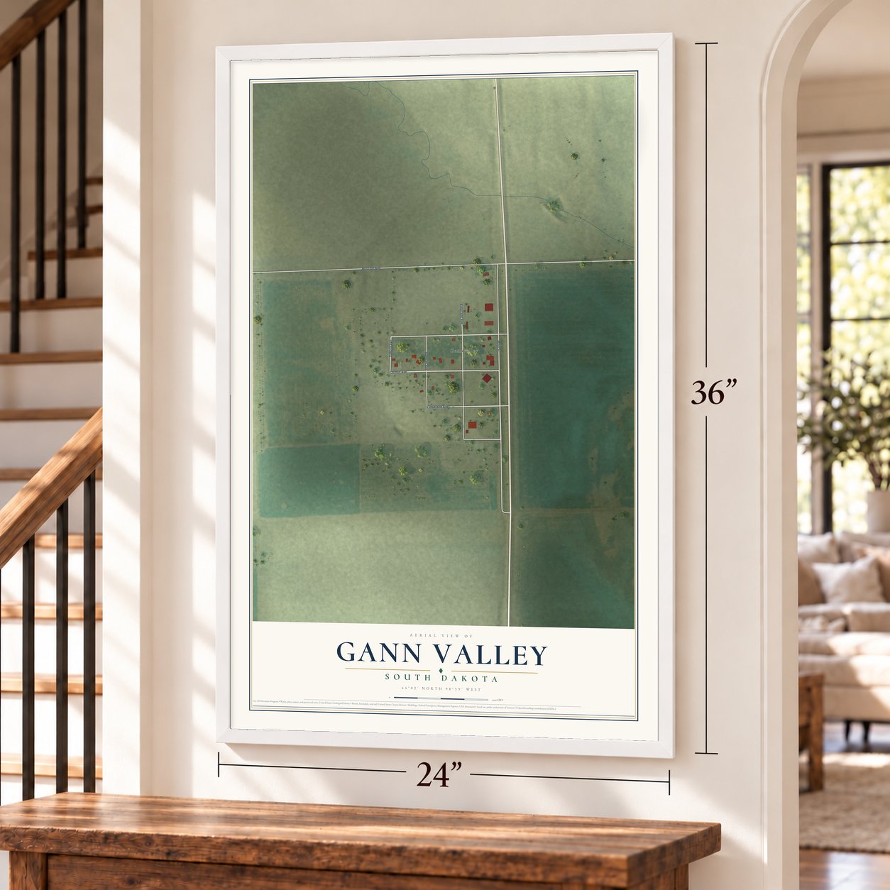 Gann Valley, South Dakota map, 24 x 36 inch print in a white frame by a staircase