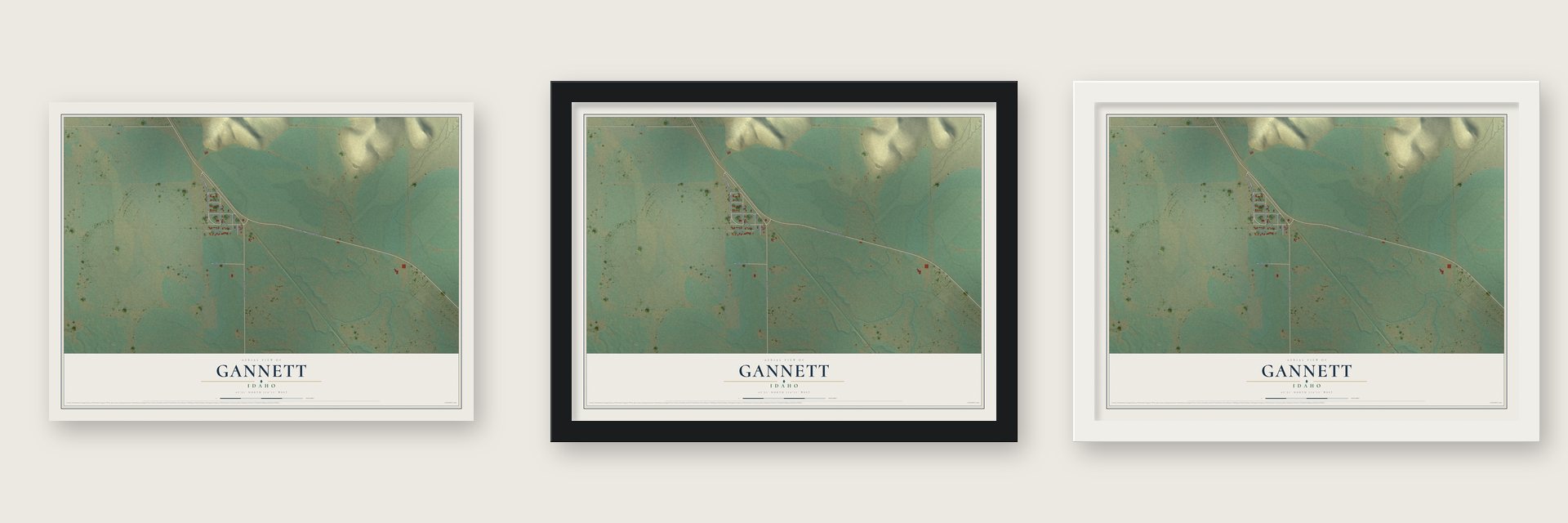 Gannett, Idaho map unframed, in a black wood frame and in a white wood frame