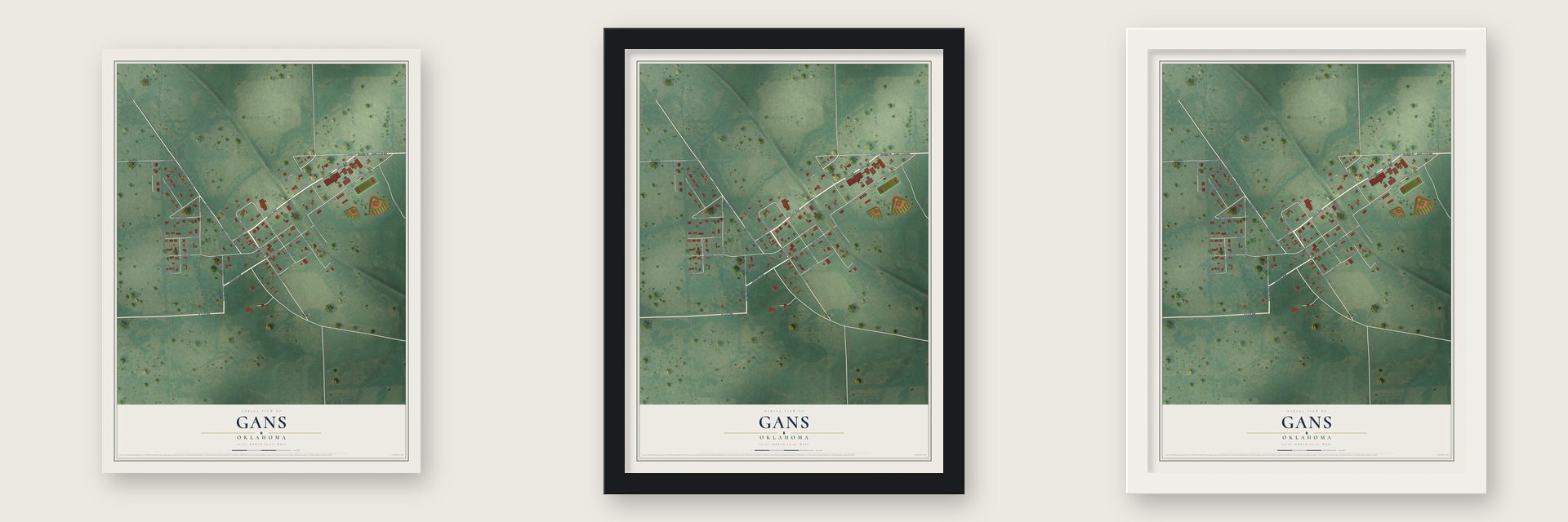 Gans, Oklahoma map unframed, in a black wood frame and in a white wood frame