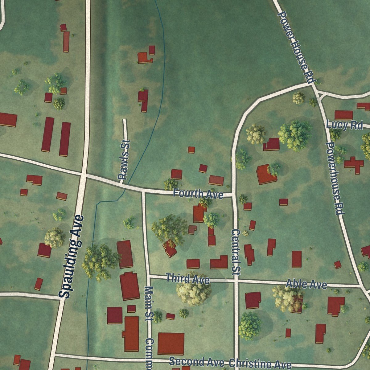 Second close-up of the map of Gantt, Alabama print showing more streets and buildings