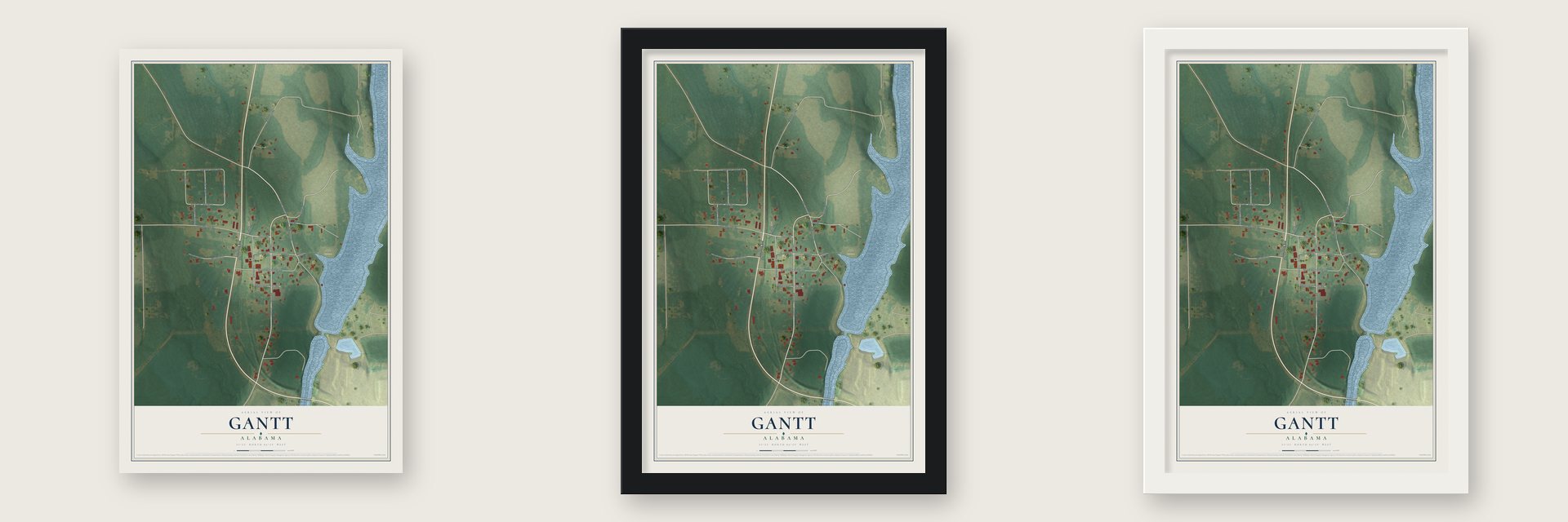 Gantt, Alabama map unframed, in a black wood frame and in a white wood frame