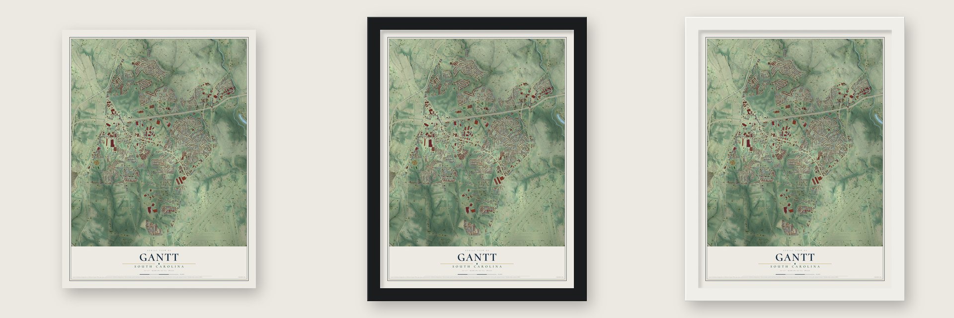 Gantt, South Carolina map unframed, in a black wood frame and in a white wood frame