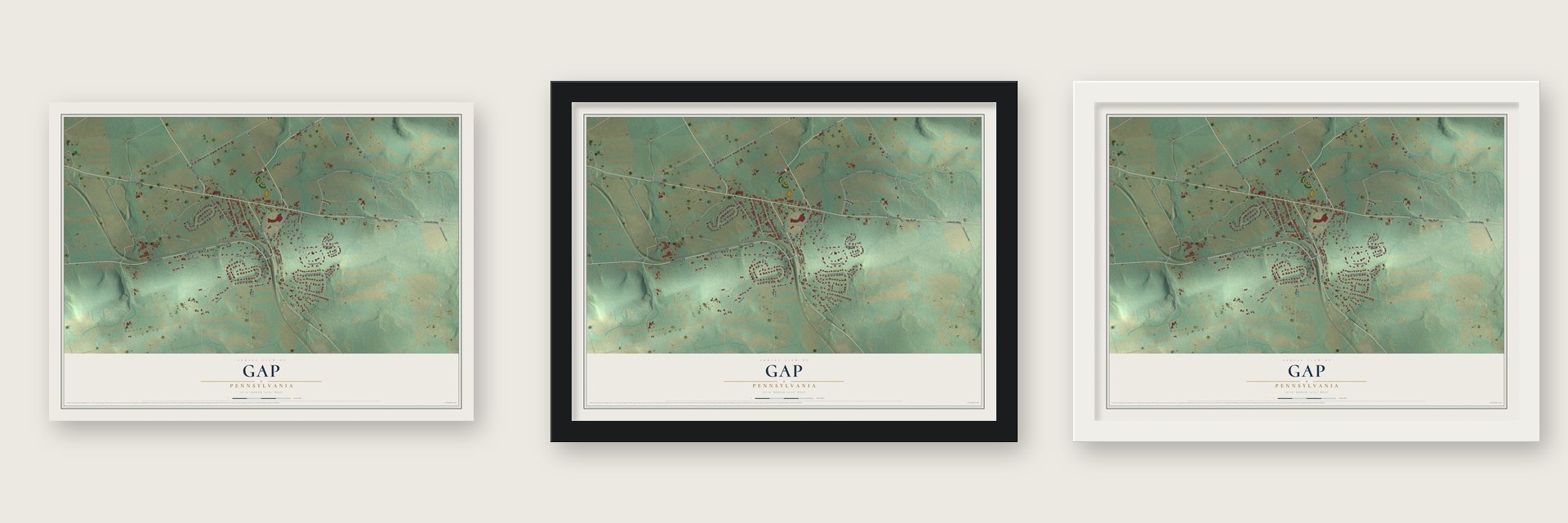 Gap, Pennsylvania map unframed, in a black wood frame and in a white wood frame