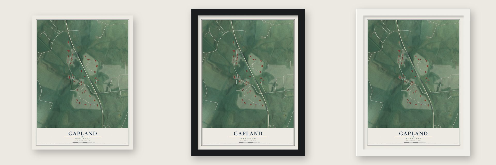 Gapland, Maryland map unframed, in a black wood frame and in a white wood frame