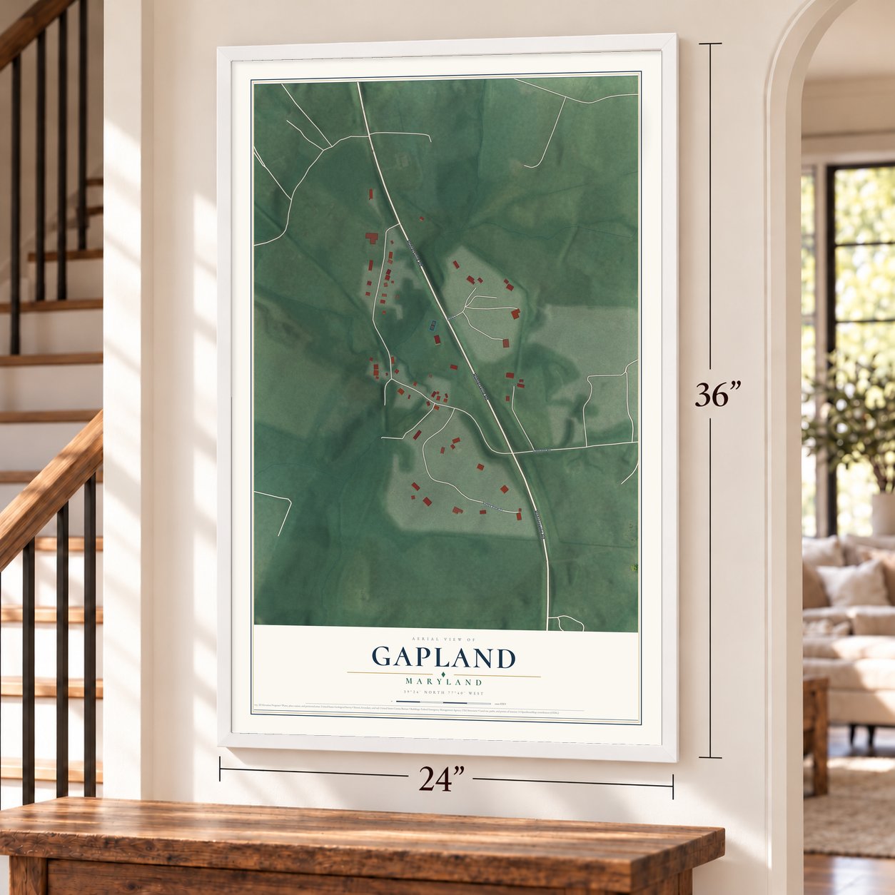 Gapland, Maryland map, 24 x 36 inch print in a white frame by a staircase