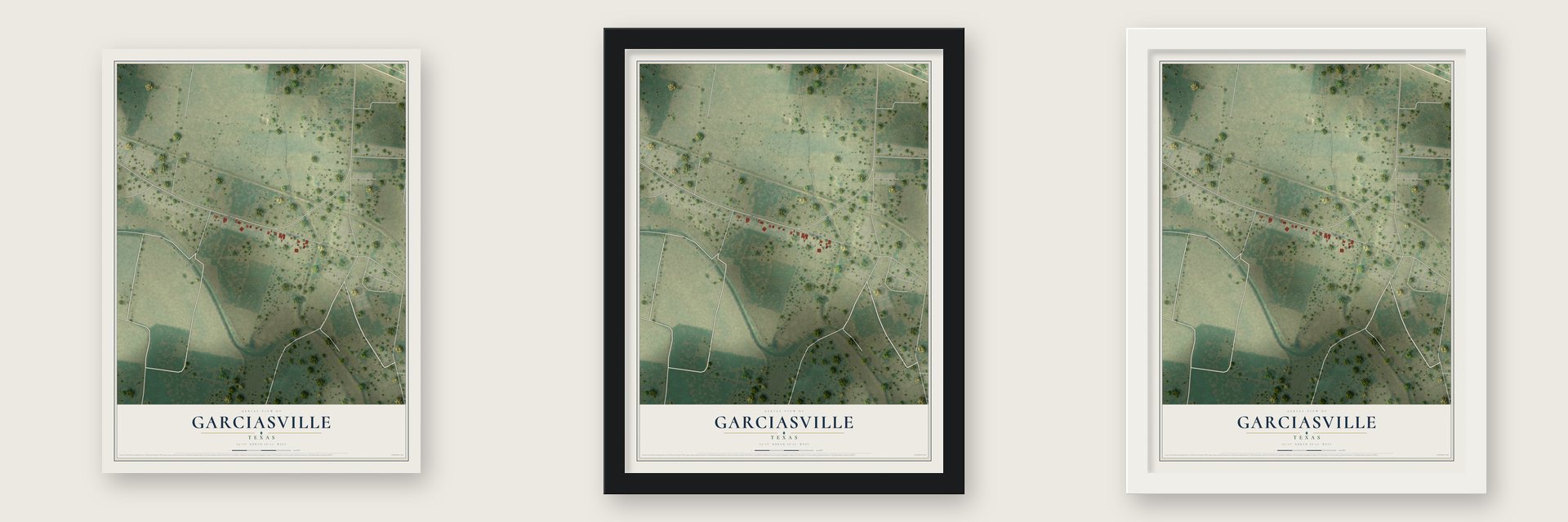 Garciasville, Texas map unframed, in a black wood frame and in a white wood frame