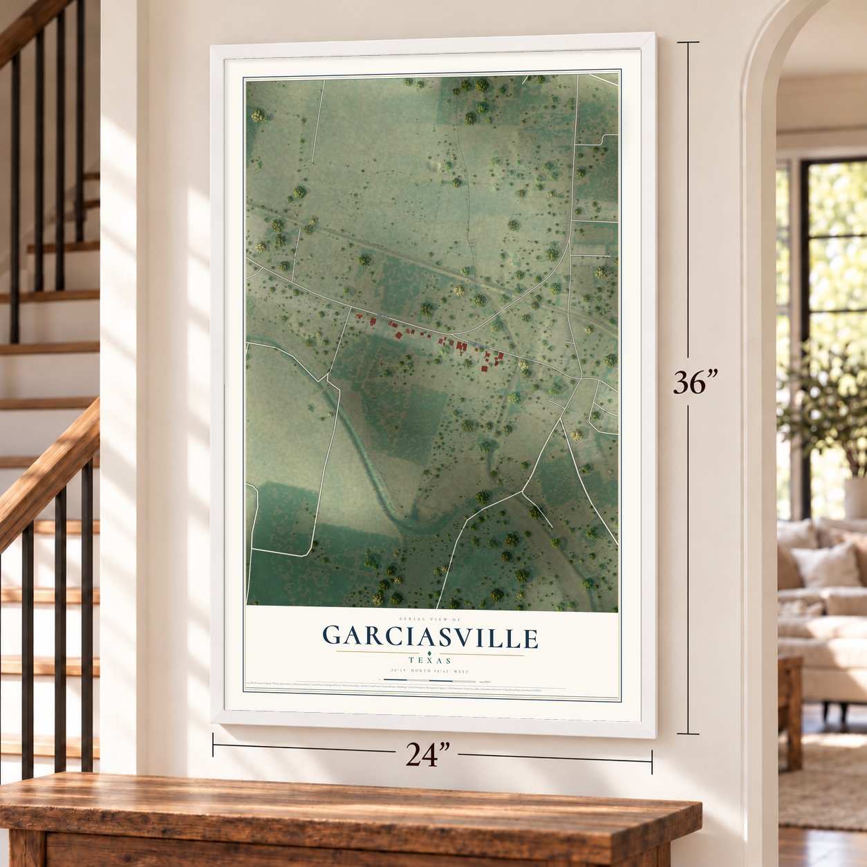 Garciasville, Texas map, 24 x 36 inch print in a white frame by a staircase