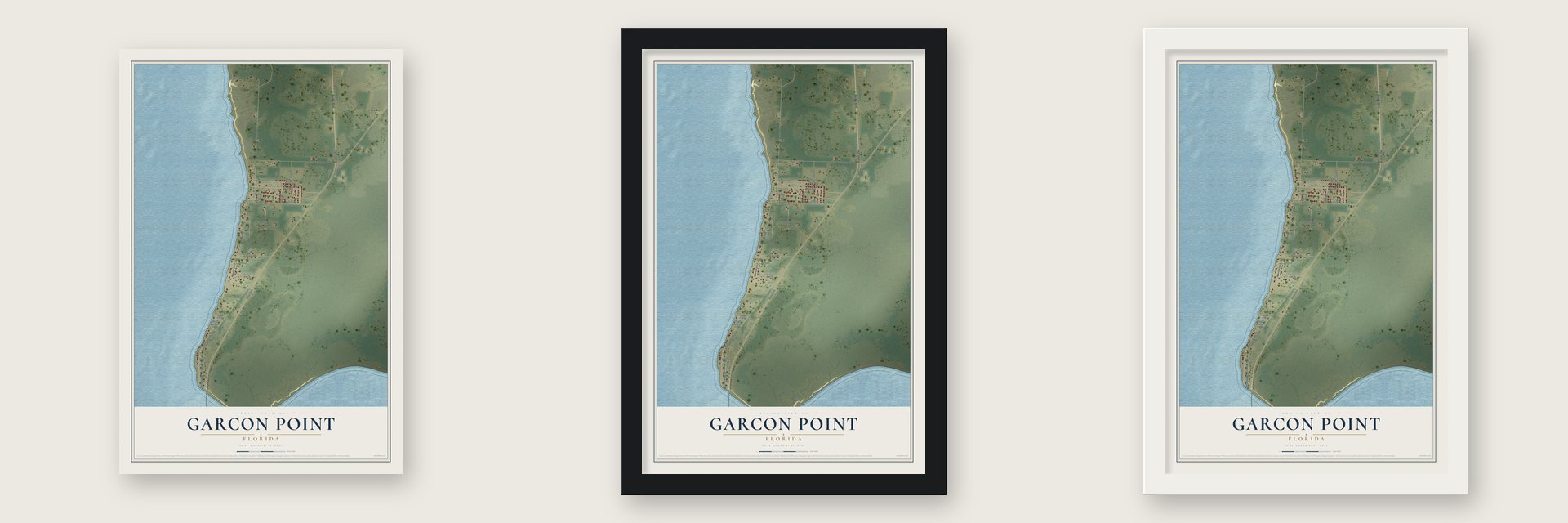 Garcon Point, Florida map unframed, in a black wood frame and in a white wood frame