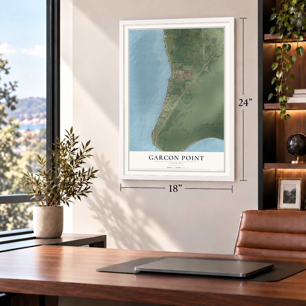 Garcon Point, Florida map, 18 x 24 inch print in a white frame in a home office