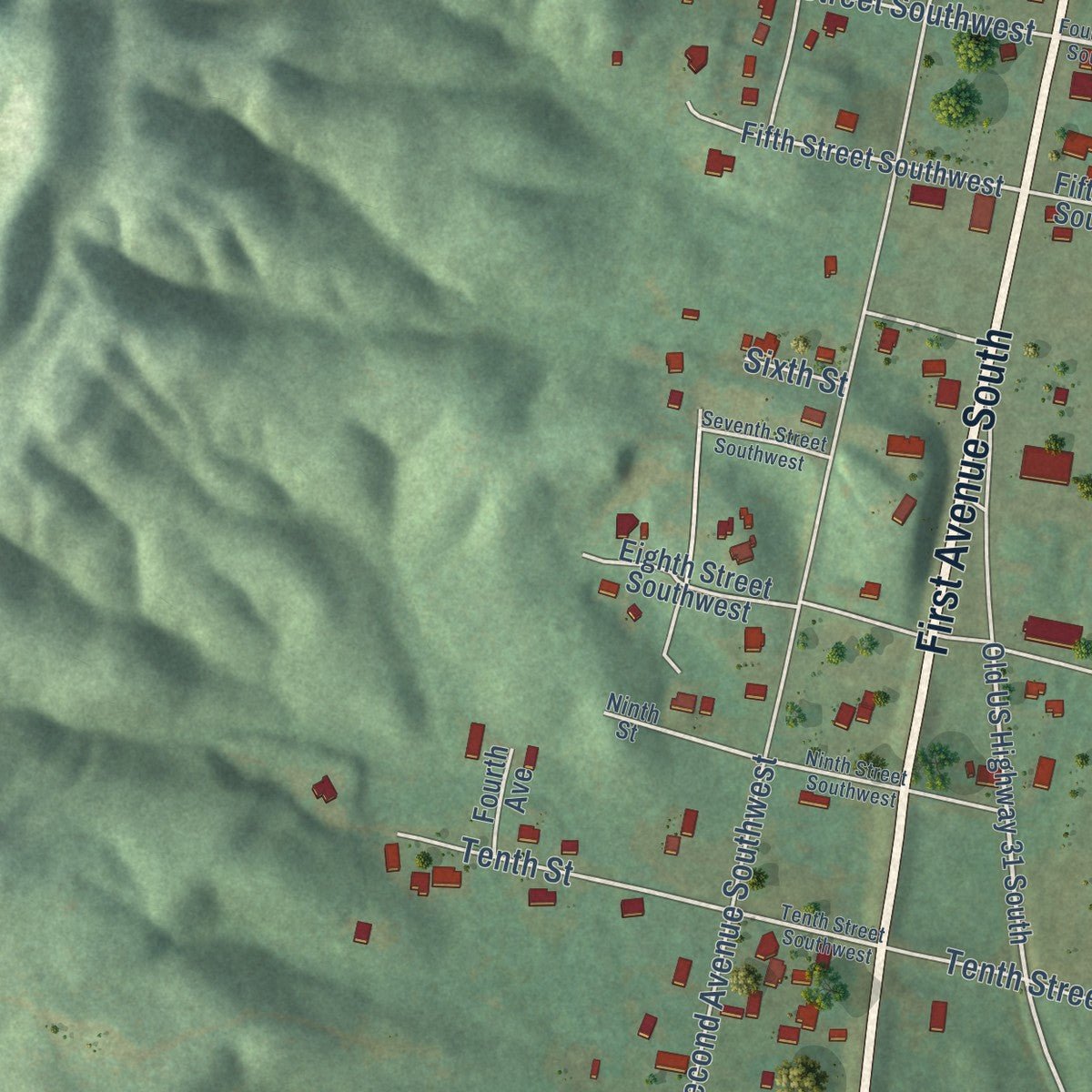 Second close-up of the map of Garden City, Alabama print showing more streets and buildings