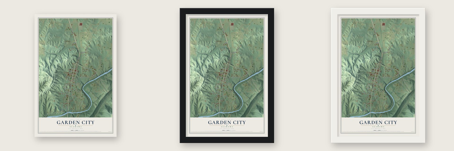 Garden City, Alabama map unframed, in a black wood frame and in a white wood frame