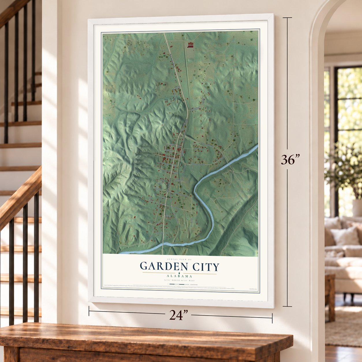 Garden City, Alabama map, 24 x 36 inch print in a white frame by a staircase
