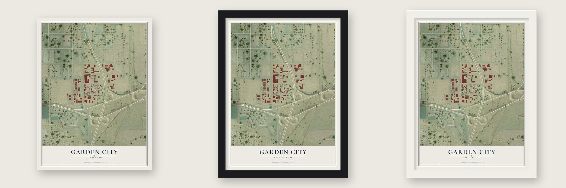 Garden City, Colorado map unframed, in a black wood frame and in a white wood frame