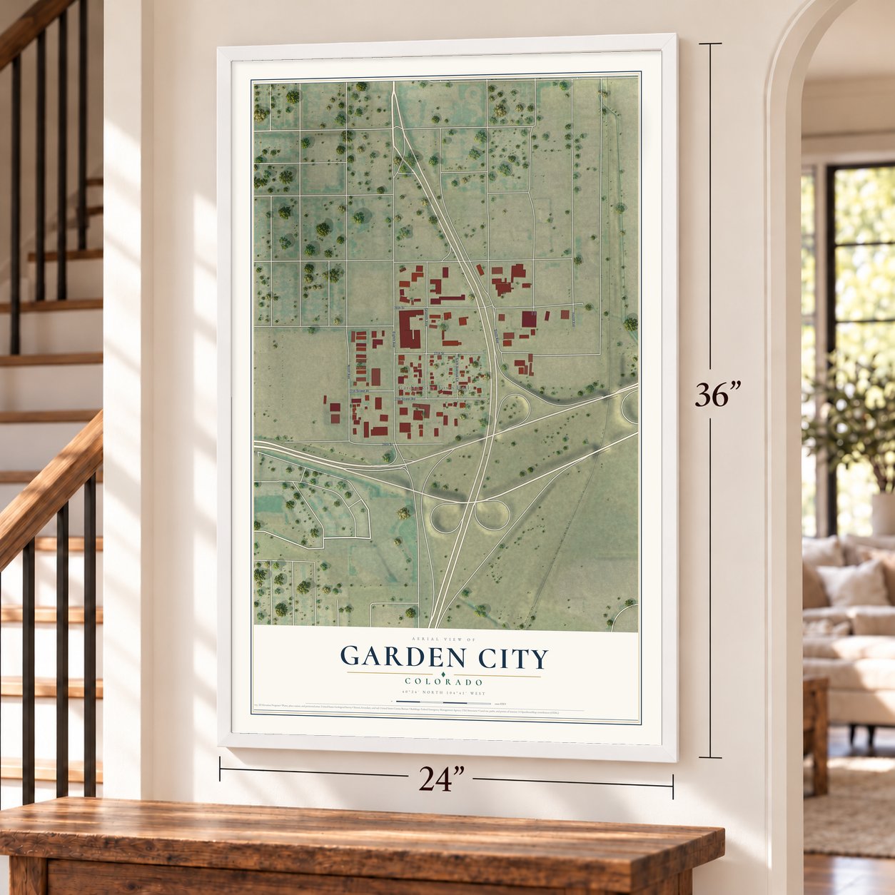 Garden City, Colorado map, 24 x 36 inch print in a white frame by a staircase