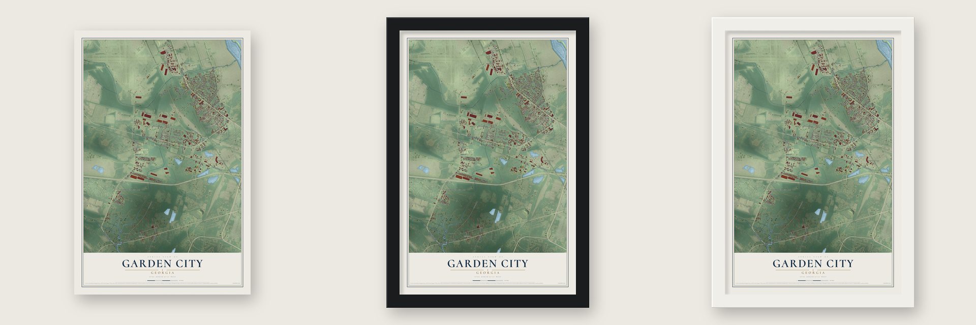 Garden City, Georgia map unframed, in a black wood frame and in a white wood frame