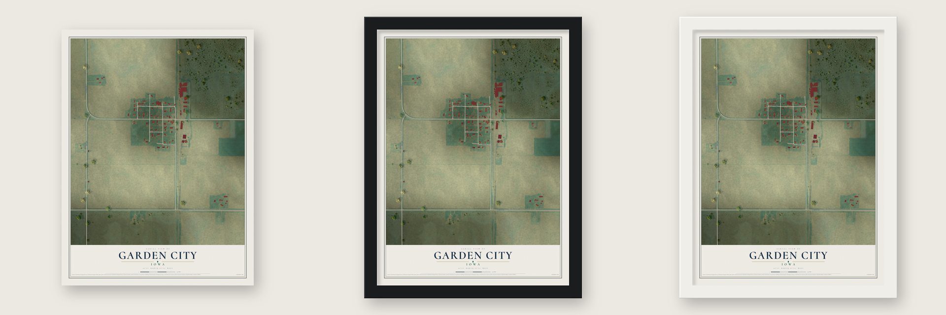 Garden City, Iowa map unframed, in a black wood frame and in a white wood frame