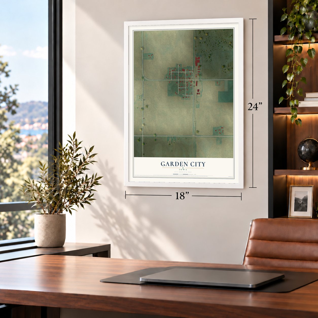 Garden City, Iowa map, 18 x 24 inch print in a white frame in a home office
