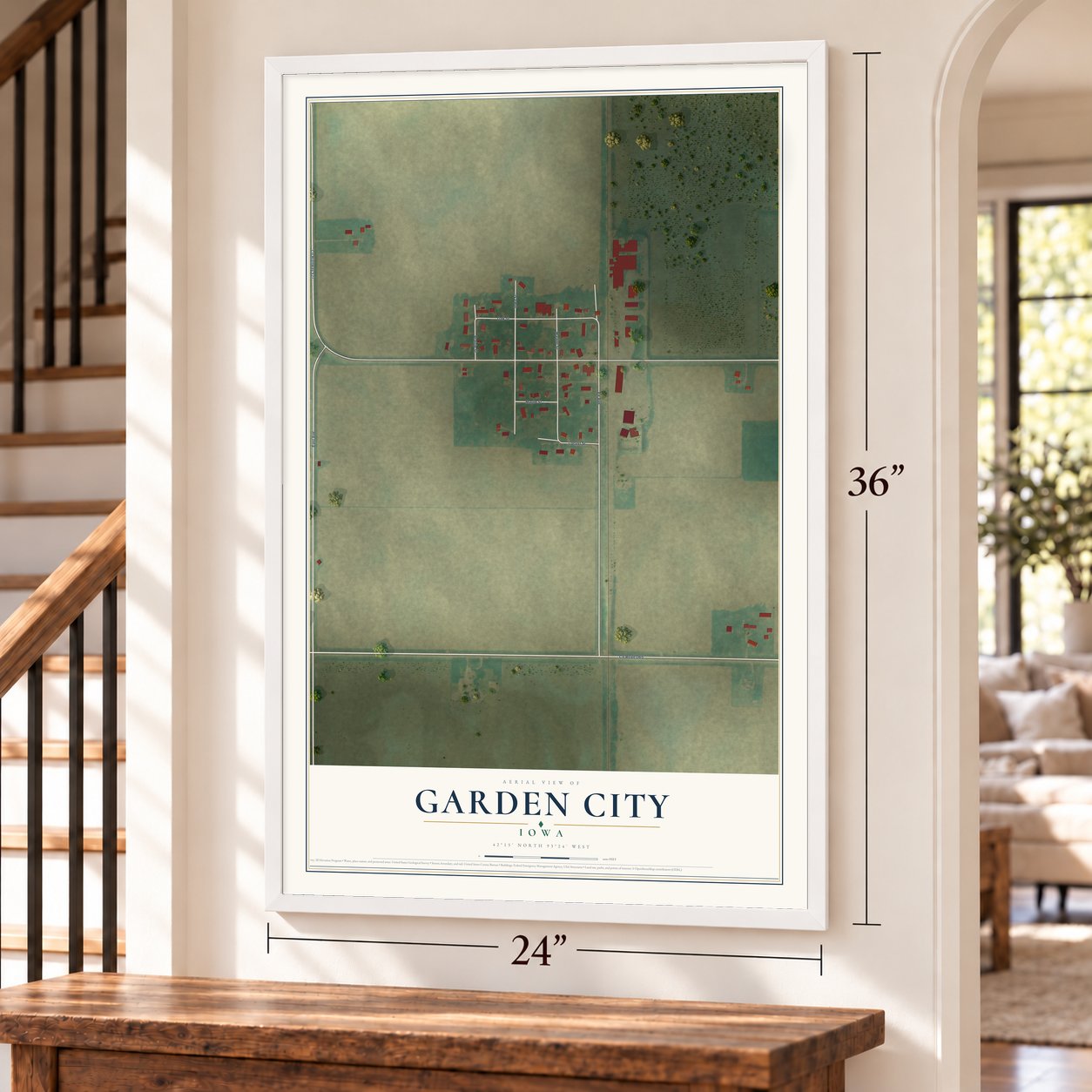 Garden City, Iowa map, 24 x 36 inch print in a white frame by a staircase