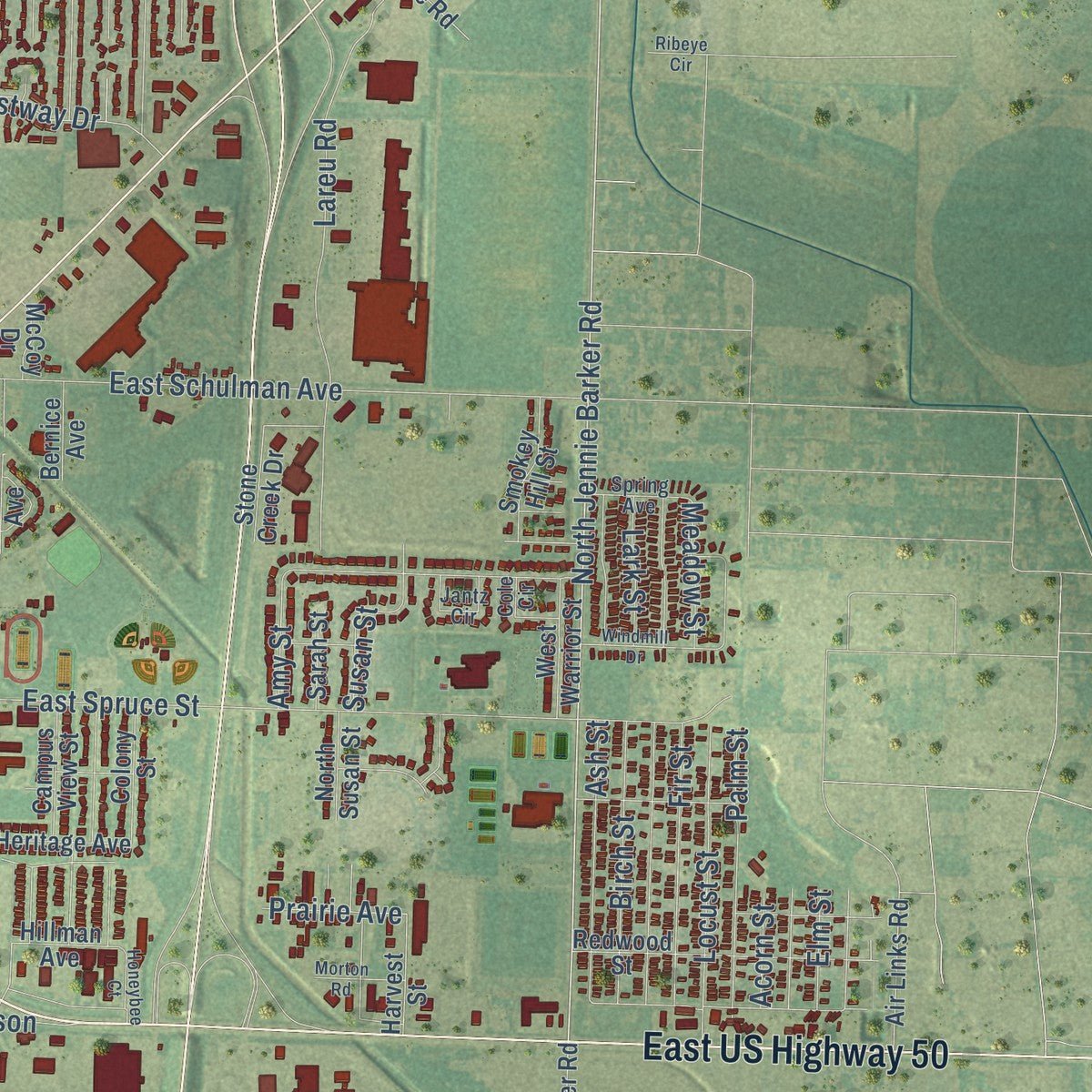 Second close-up of the map of Garden City, Kansas print showing more streets and buildings