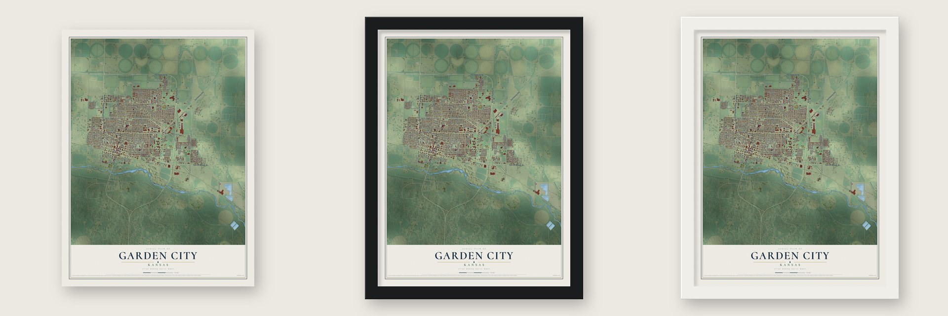 Garden City, Kansas map unframed, in a black wood frame and in a white wood frame