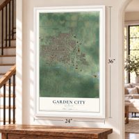 Garden City, Kansas map, 24 x 36 inch print in a white frame by a staircase