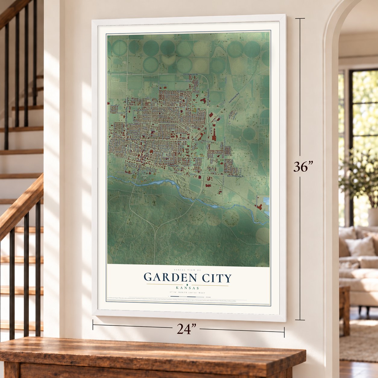 Garden City, Kansas map, 24 x 36 inch print in a white frame by a staircase