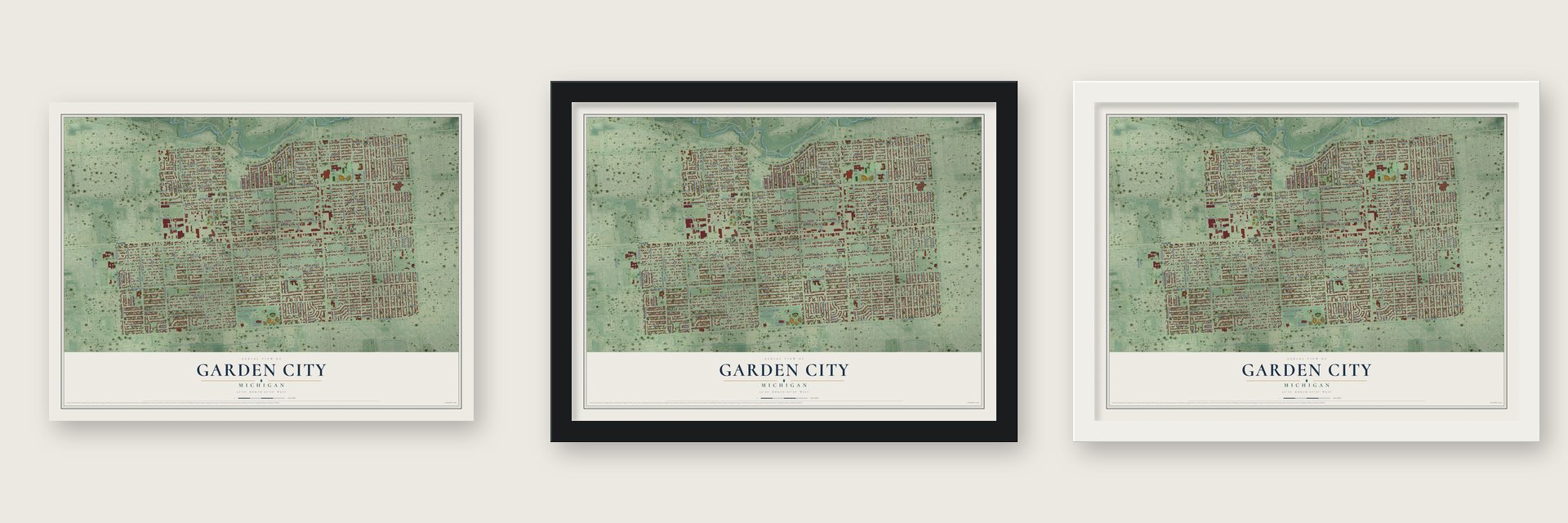 Garden City, Michigan map unframed, in a black wood frame and in a white wood frame