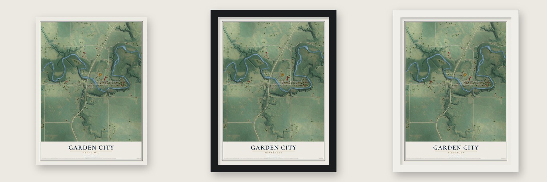 Garden City, Minnesota map unframed, in a black wood frame and in a white wood frame